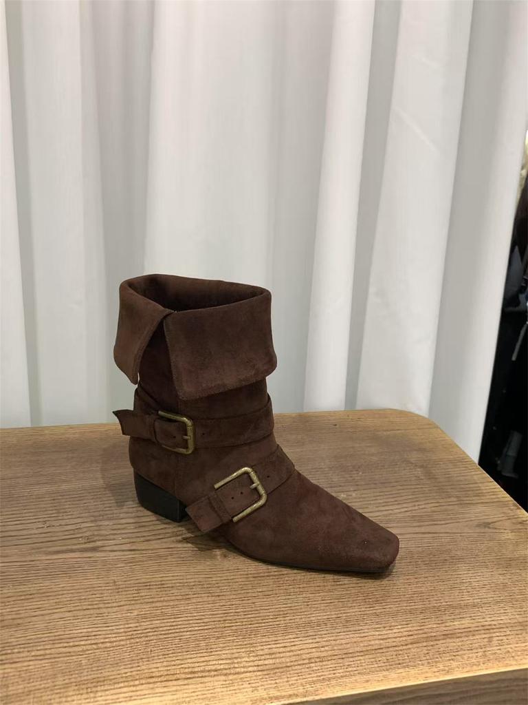Thick heel retro suede western cowboy boots short boots women's boots 2025 new spring and autumn single boots square Martin boots