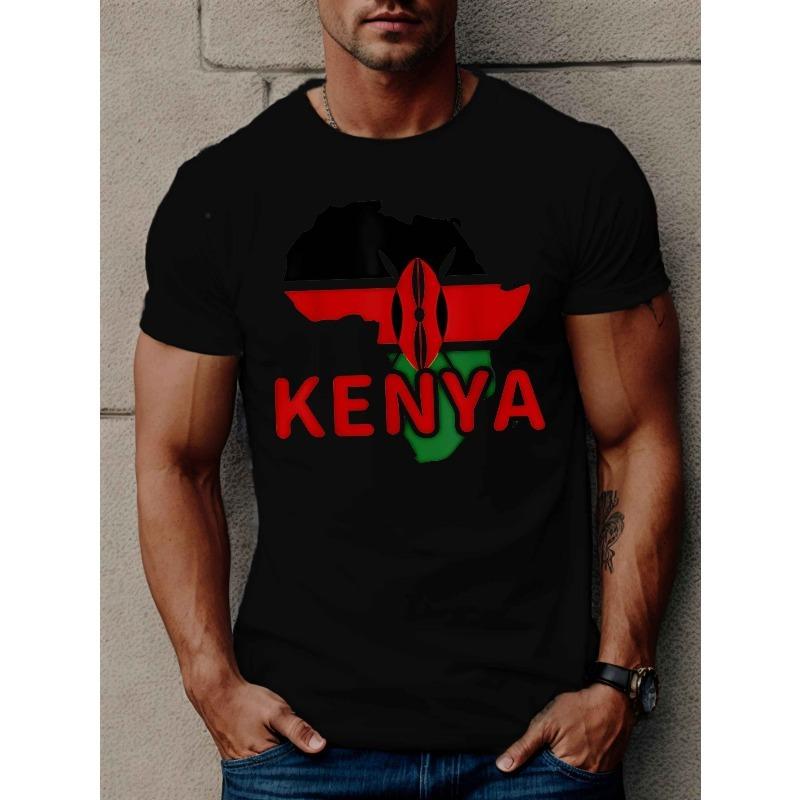 

European size Casual Geometric Kenya Flag Print T-Shirt for Men - Short Sleeve Crew Neck Tee Polyester Knit Fabric Regular Fit - Summer Top 4XL чорний
