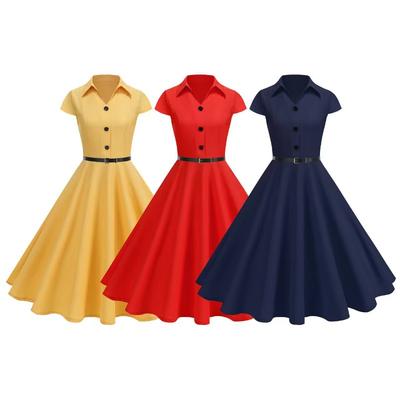 Women's Temperament Professional Retro Stand-up Collar Solid Color Belt Slim-fitting Big Swing Dress