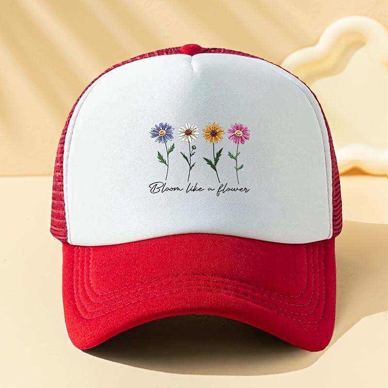 Bloom Like a Flower Floral Print Trucker Hat Unisex Polyester Mesh Back Baseball Cap Casual Outdoor One Size