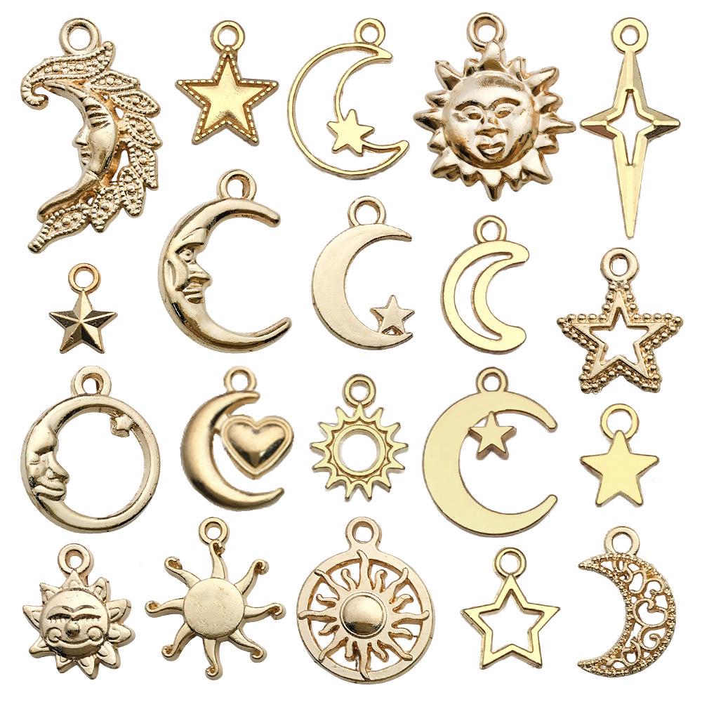 Handmade Antique Gold Sun, Moon & Star Charms for DIY Jewelry – Bracelets, Necklaces, Earrings (Set of 5 Colors)