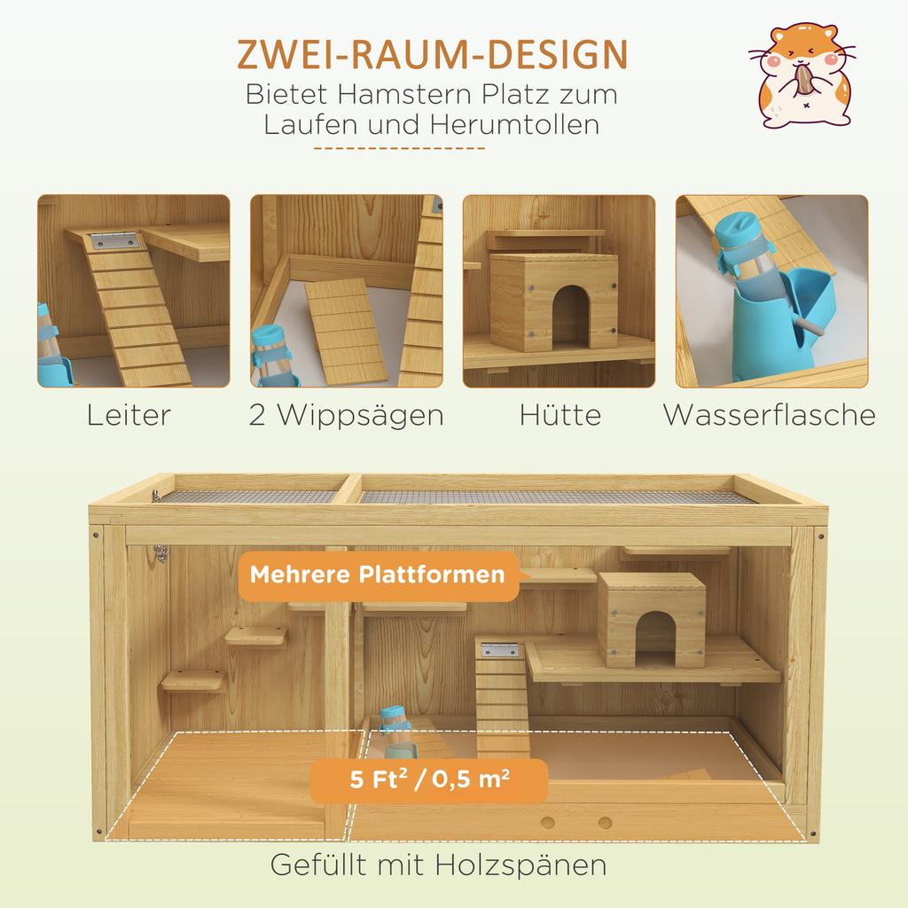 Small Animal Cage/gnawing Cage, Fir Wood, Including Accessories and Water Bottle, 100 X 50 X 50 Cm, Natural