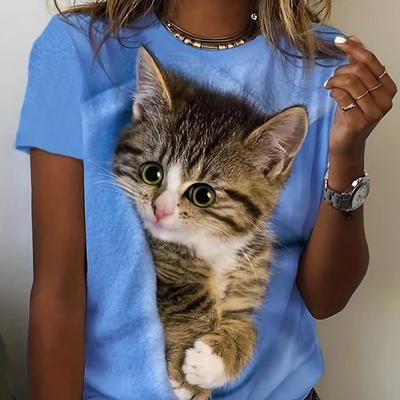 Süßes T-Shirt mit O-Ausschnitt und Katzen-Print für Damen, übergroßes, lässiges Kurzarm-T-Shirt für Frühling, Sommer, Streetwear, tägliche Damenbekleidung