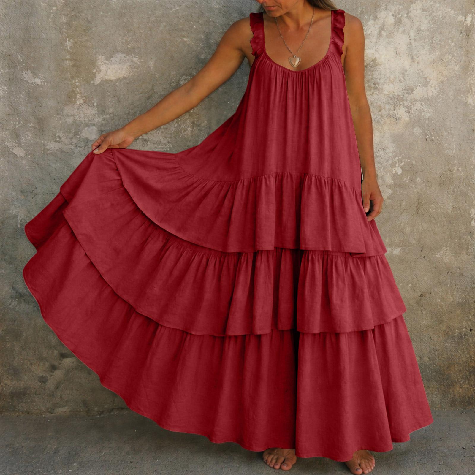 Sleeveless Ruffle Strap Tiered Maxi Dress Loose Fit Layered Hem Casual Summer Long Dress for Women XL красный