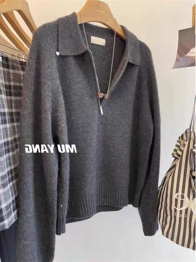 European Style High-End Women's Wool Half-Zip Sweater, 2025 Winter Lapel, Thick Knit, Autumn/Winter Loose Base Layer