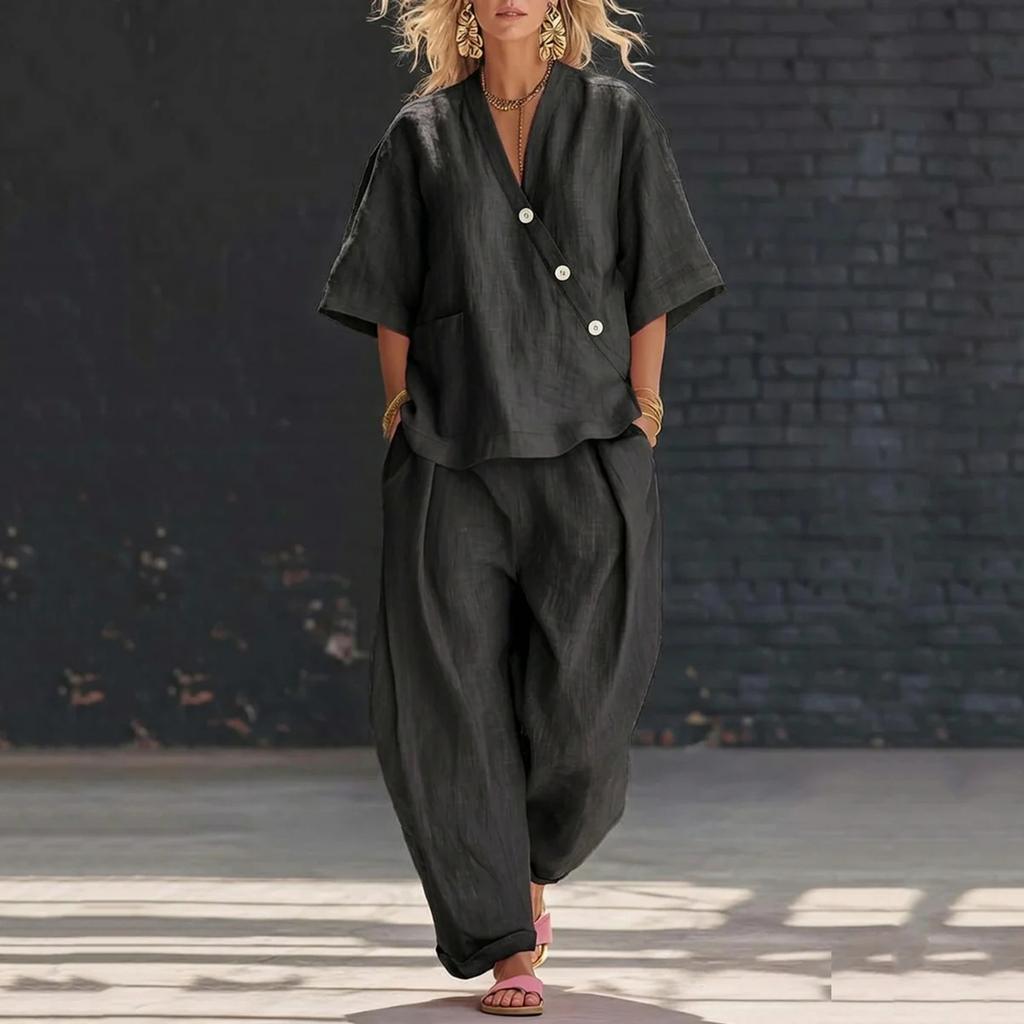 Women's Fashionable Casual Loose-Fit V-Neck Short-Sleeve Two-Piece Set