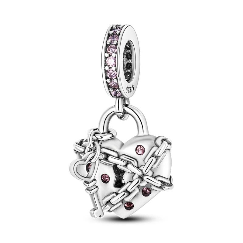 New 925 Silver Charms Beads Love Heart Pink Original Charm Pendant Fit Charm Bracelets DIY Jewelry Birthday Gift