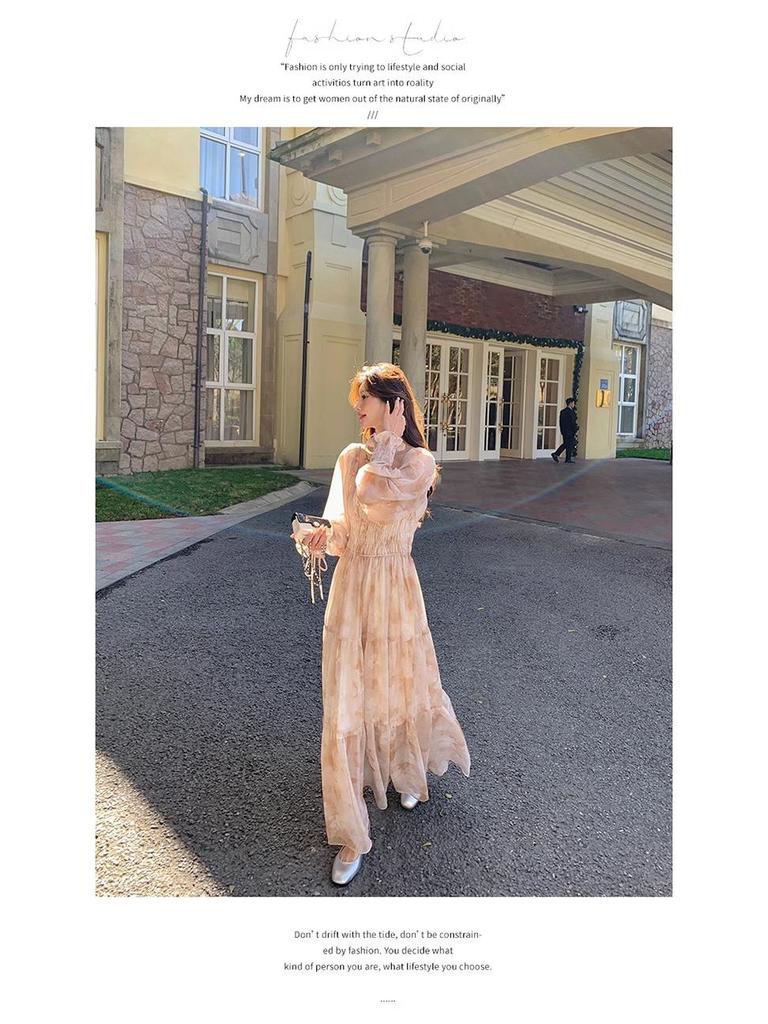 Women's Floral Chiffon Puff Sleeve Dress - French Square Neck, Spring/Autumn Fairy Mori Girl Style