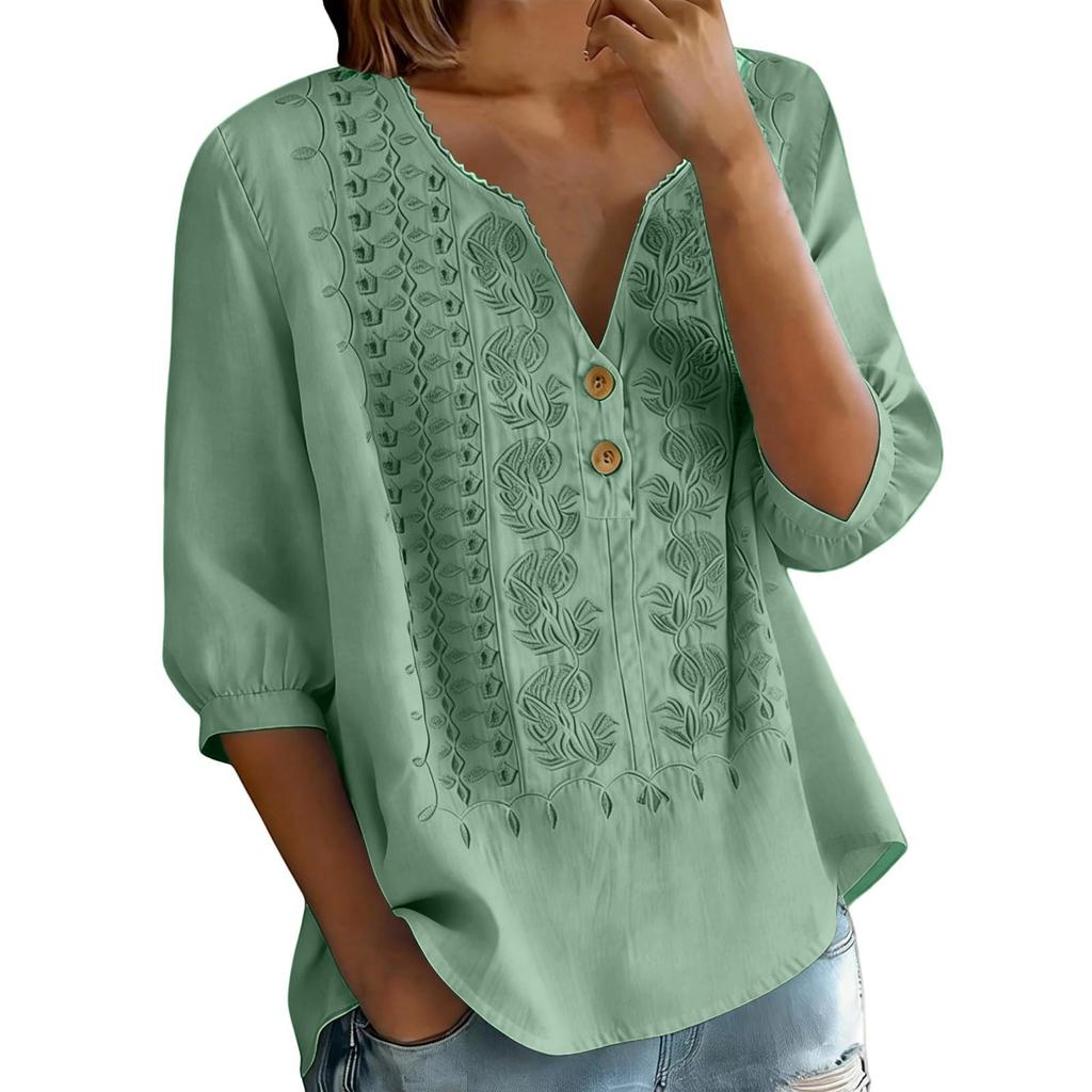Damen V-Ausschnitt Dreiviertelarm Bestickte Knopfleistenbluse mit Blumenmuster Lockerer Schnitt Lässiges Oberteil
