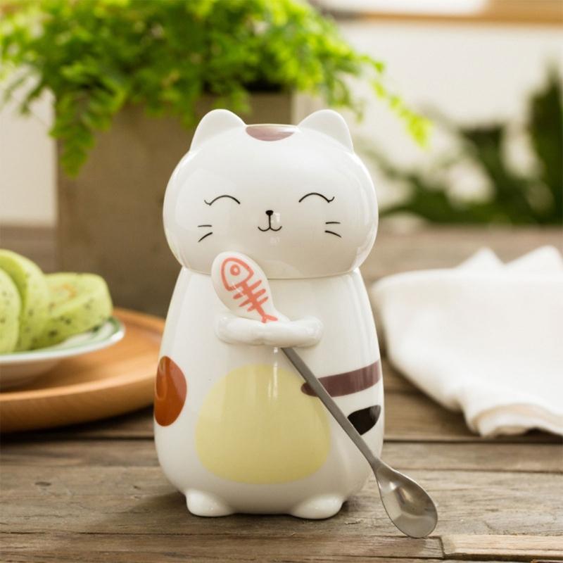 400ml Cats Cup Set with Spoon and Lid Animal Drinkware Cute Cats Coffee Cup with Spoon and Lid Delicate Ceramic Mug Cup