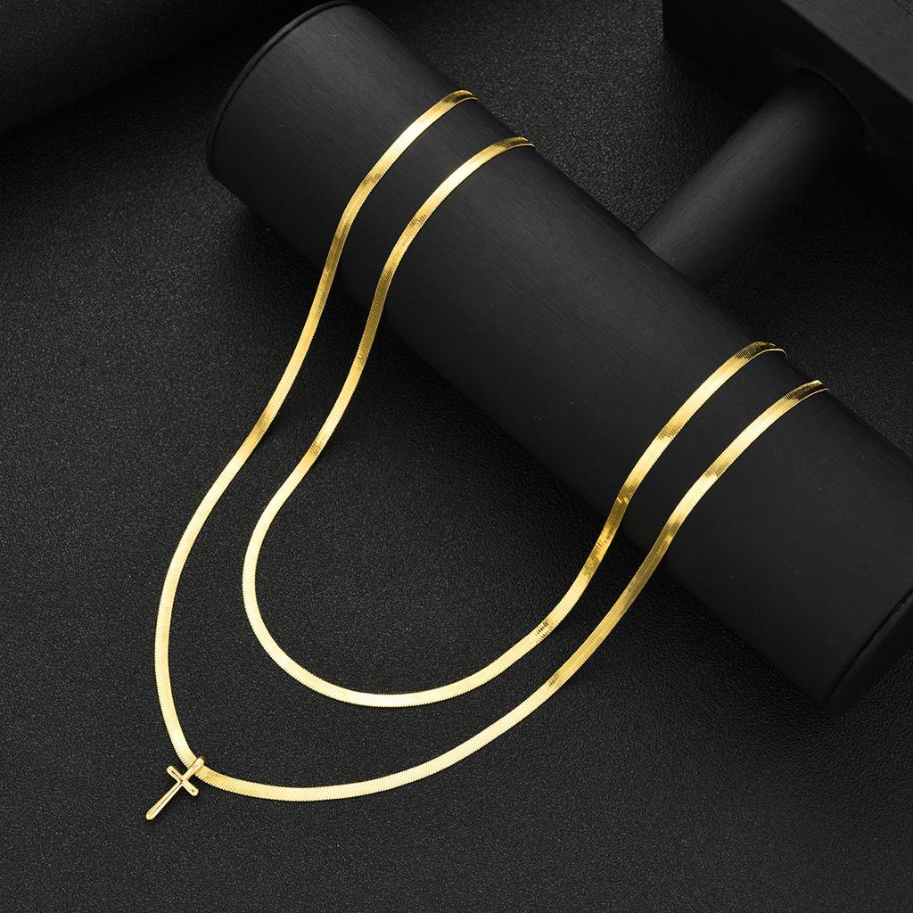 2pcs Fashion Minimalist Cross Pendant Necklace Set for Women Gold Color Copper Layered Necklace Vacation Date Party Jewelry Gift