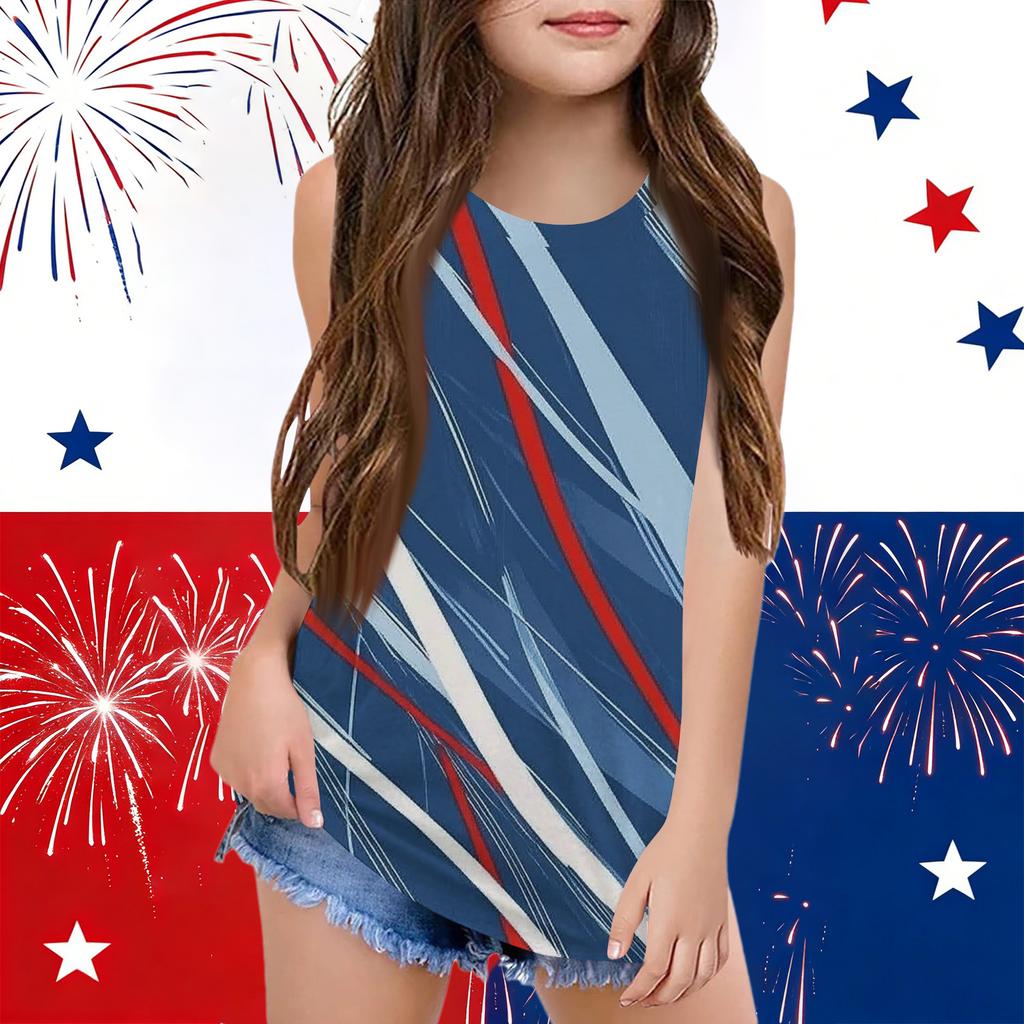 Girls  Kids Summer Crewneck Sleeveless Shirts Tank Tops Independence Day