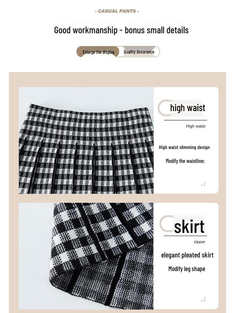 Women's High-Waisted Plaid Pleated Wool Midi Skirt - Fashionable, Slimming, A-Line Design