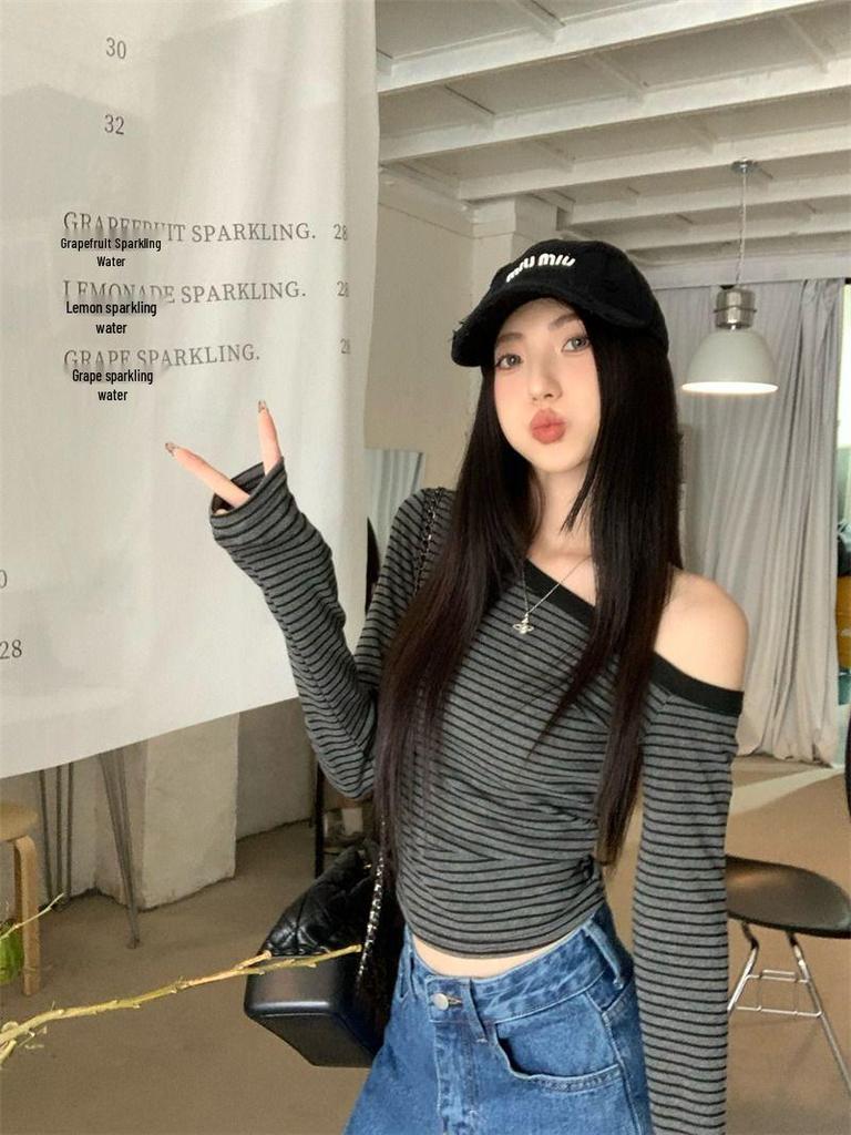 Koreański Jednoramienny Pasiasty Długi Rękaw Dopasowany Codzienny Damski Top