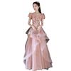 Pink banquet evening dress 1011 new French art exam host long dress bubble sleeves elegant dress