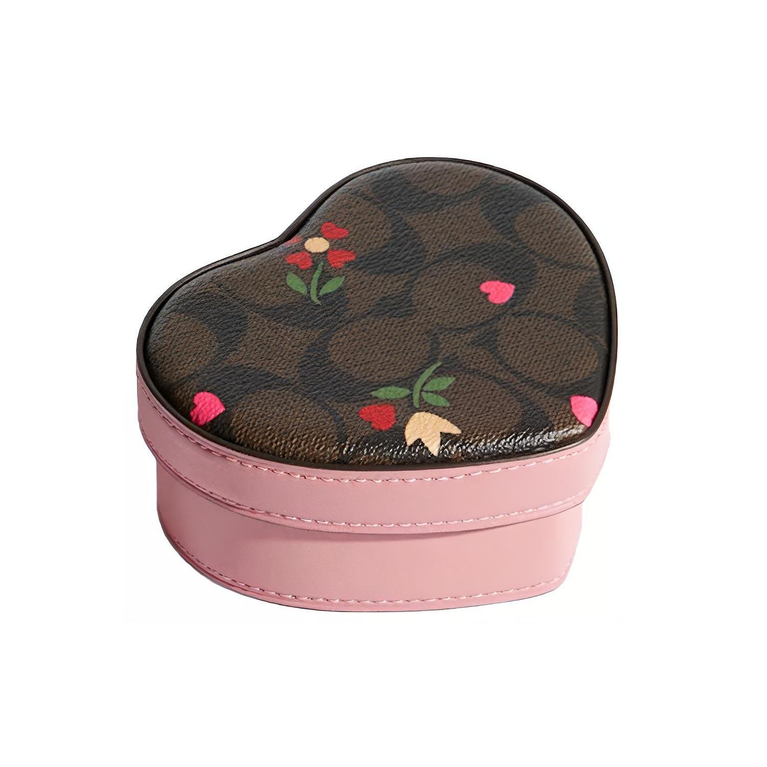 

New COACH Heart Canvas With Leather Heart Box Makeup Bag Trumpets Women s Brown/Pink Multicolor C7752-TPP 11.4*5.1*9.9CM