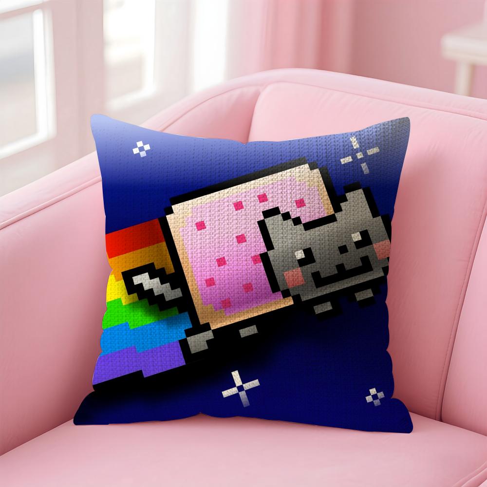 Cute Cat NNyan Cartoon Cushion Cover Natural Linen Pillow Case DoubleSided Print Decorative Sofa Pillowcase Home Decor Gift