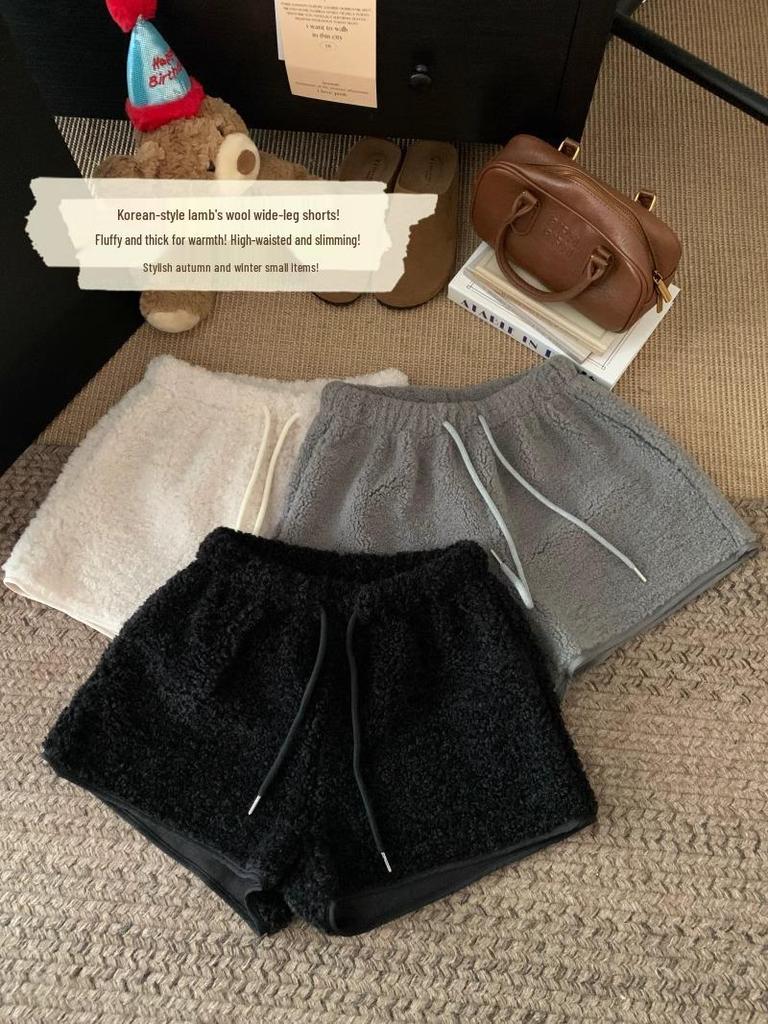 Women's 2024 Lambswool High Waist Drawstring Warm Shorts - Autumn/Winter Casual Loose Fit Hot Pants Outerwear