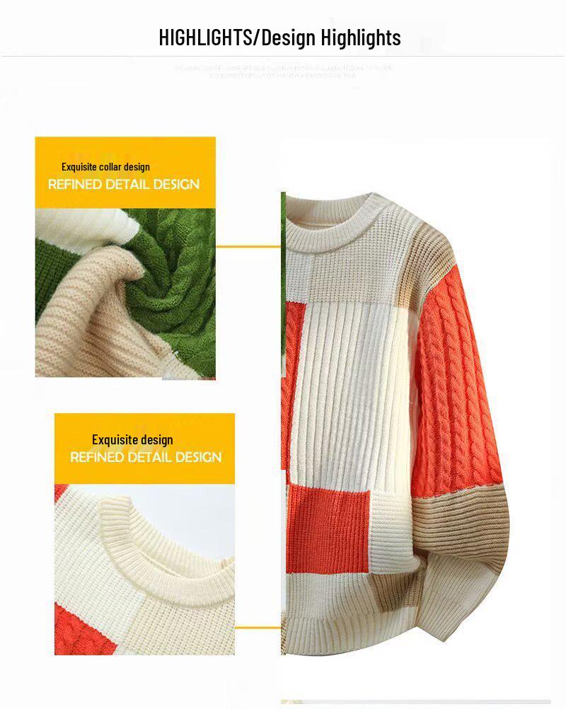 Men's Winter Thickened Color Block Knit Sweater - Warm, Casual, Trendy Fashion