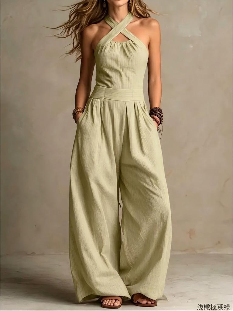 2026 summer new neck cross jumpsuit, European and American style waist back wide-leg pants, cross-border women's clothing