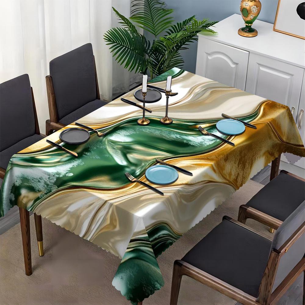 Luxury Marble Swirl Print Tablecloth, Green Gold and White Fluid Art Design with Scalloped Edge, Stain Resistant for Dining Room