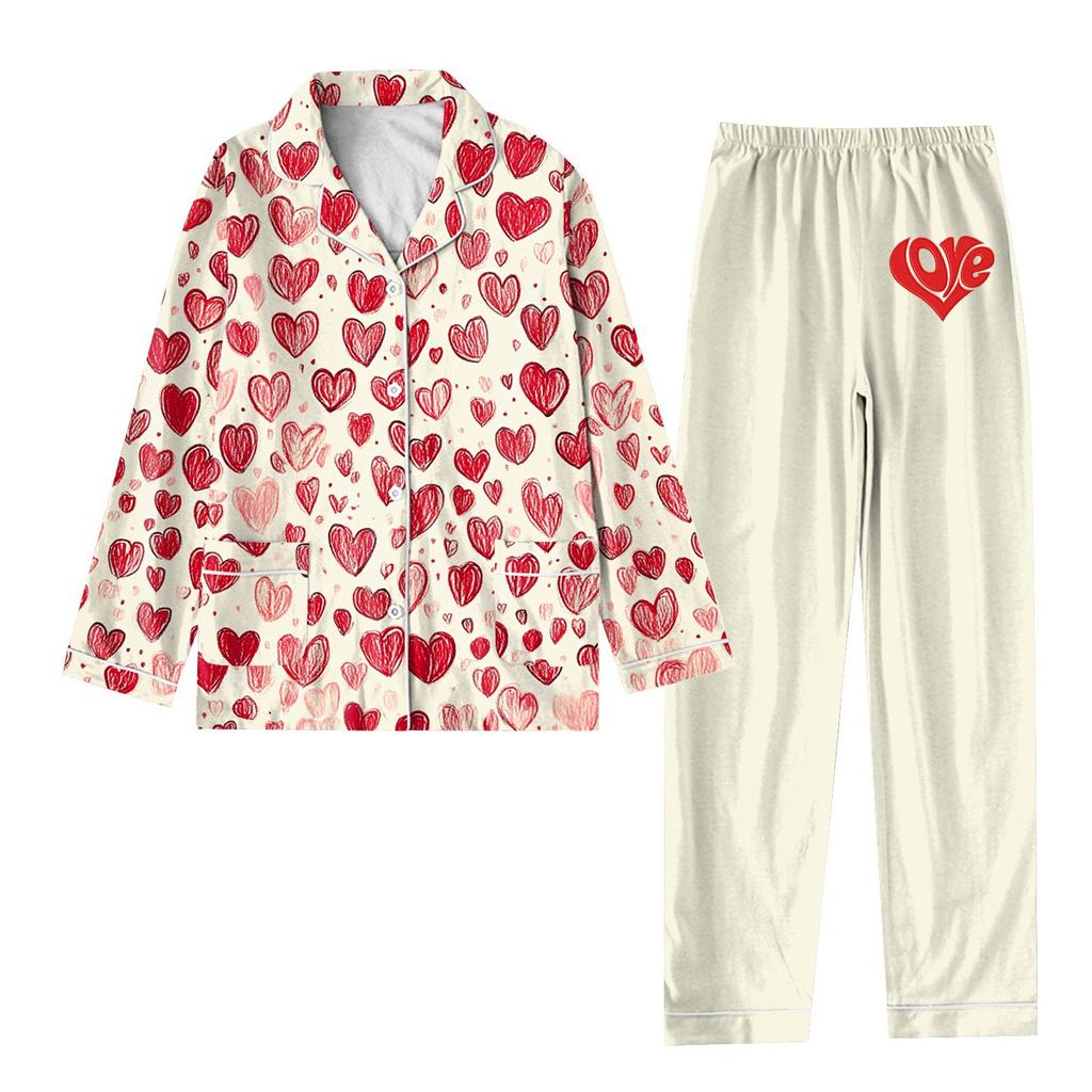 2-teiliger bedruckter Damen-Anzug, langärmelig, Oberteil mit Knopfleiste, weite Hosen, Anzug-Set, Schlafanzug, Home-Casual-Anzug