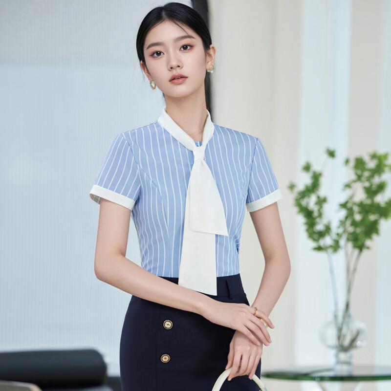 Tromen Women s Blue Stripe Short Sleeve Bow Tie Blouse 3XL