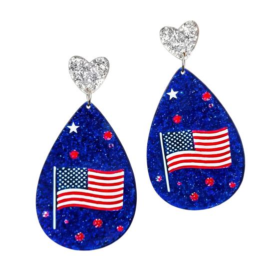 

American USA Flag Earrings for Women Patriotic Red White Blue Cubic Zircon Dangle Drop Earrings, 4th of July Independence Day Gift F