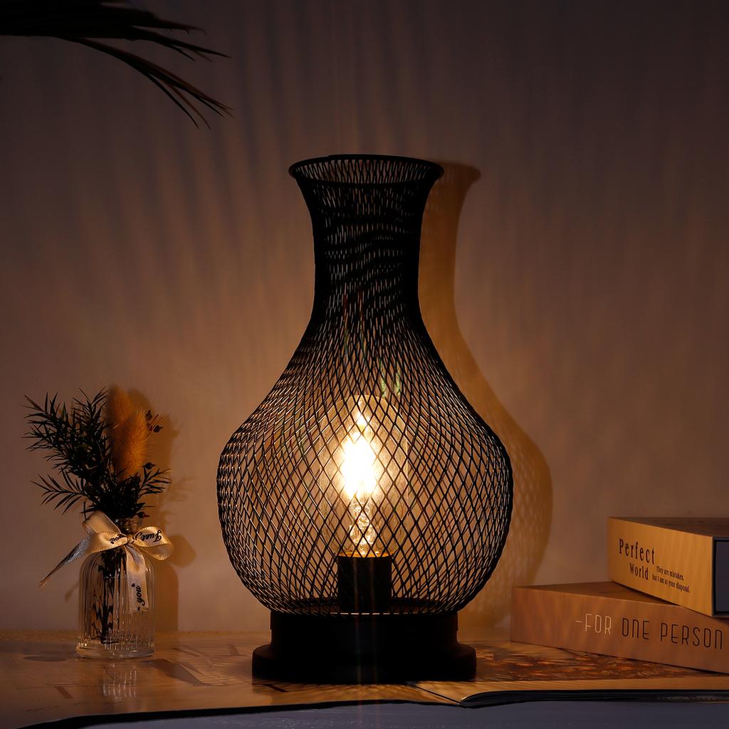 Metal Battery Operated Lamp 26cm High Vase Shape Mesh Cordless Decorative Lanterns for Living Room Tabletop Indoors (Black)