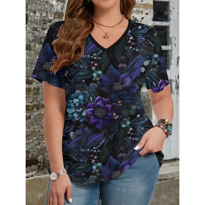 Summer Ethnic Style Floral 3D Print T-Shirts Women's V-Neck Short Sleeve T Shirt Y2k Harajuku Tees Casual Tops Female Clothing