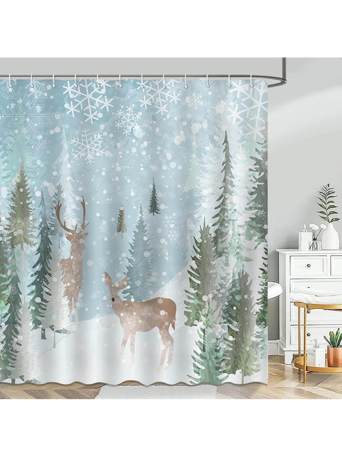 GAEWinter Deer Shower Curtain Deer and Forest Snow Forest Tree Scene Snowflake Christmas Shower Curtain Bathroom Bathtub Curta 90x180cm
