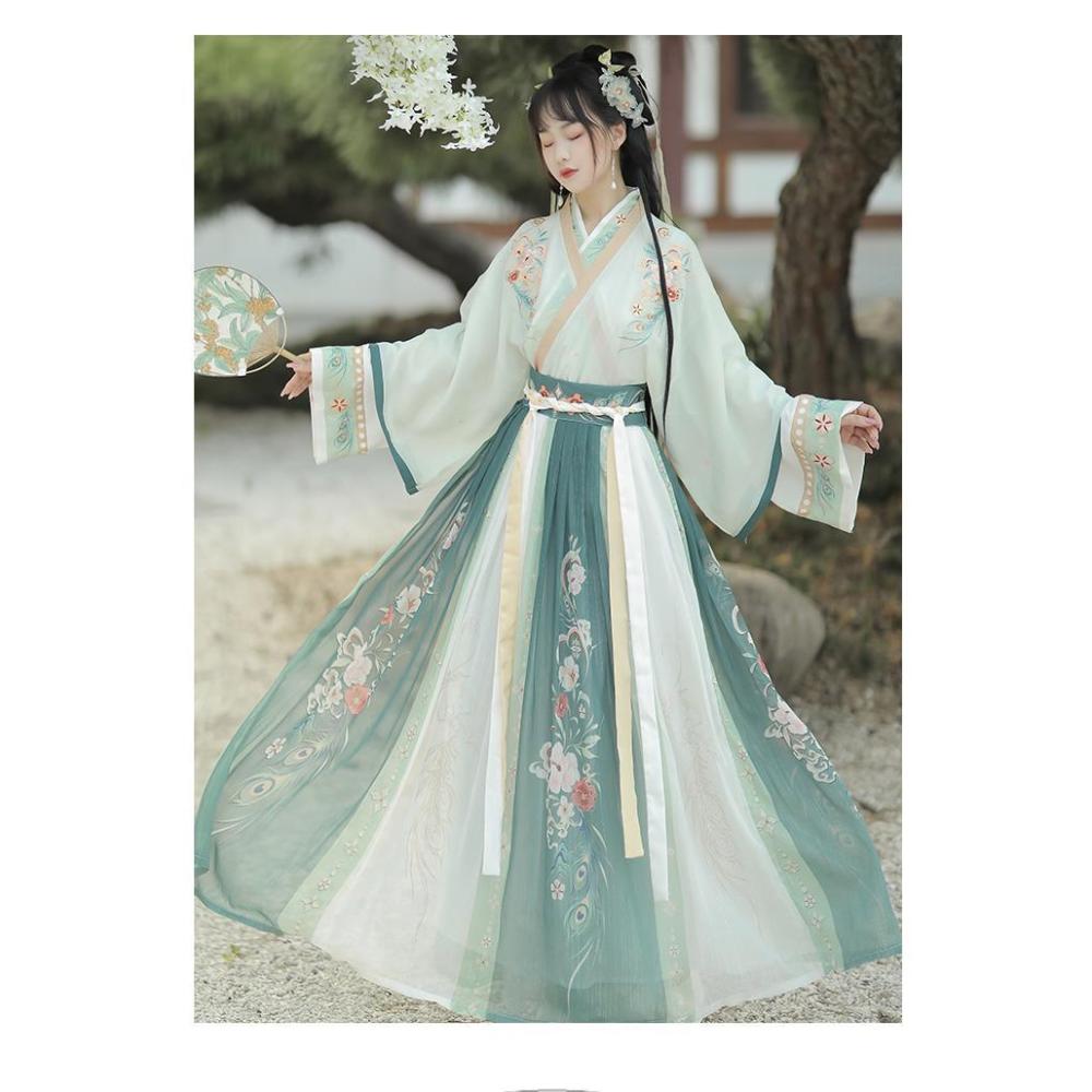 Chinese Wei And Jin Dynasties Style Hanfu Printed Collar Blouse And Waist-length Skirt Women's Suit