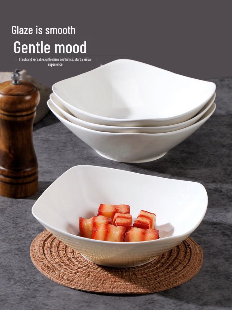 Microwaveable Pure White Ceramic Plate Set: Includes 4/6 Upturned Corner Bowls for Fruits, Soups, and Cold Dishes.