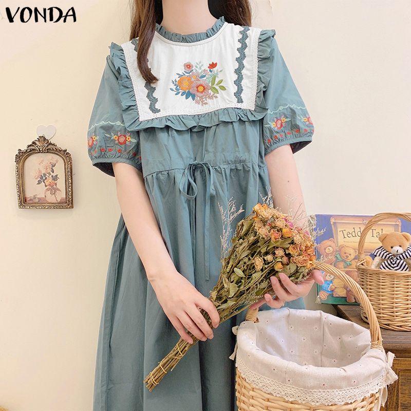 VONDA Vintage Women Stand Neck Short Sleeve Embroidery Patchwork Long Dress