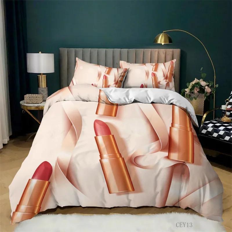 Fashion Bedding Set Makeup Cosmetic Theme Duvet Cover Polyester Perfume Lipstick Nail Polish Brush Print Quilt Cover King Size
