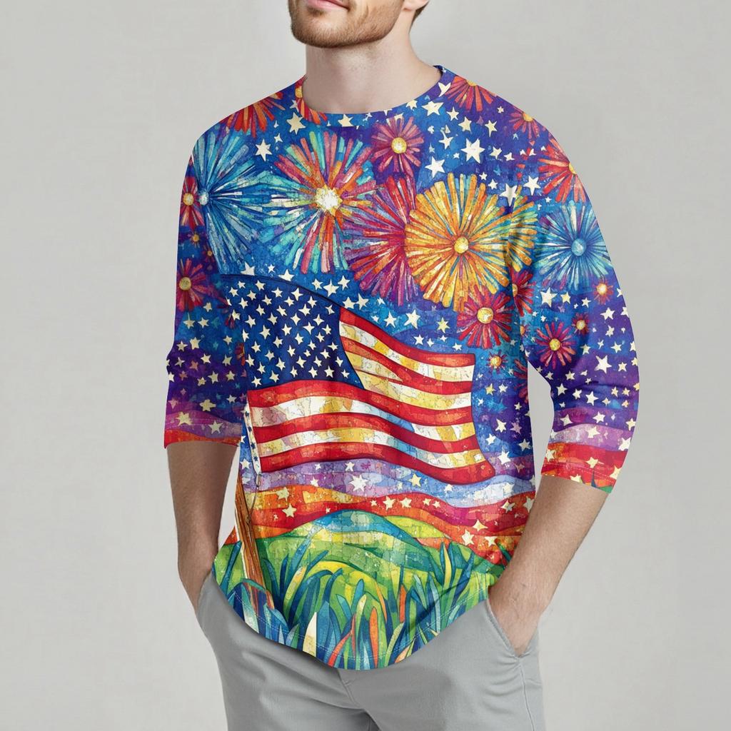 Herrenmode Lässiges T-Shirt mit Unabhängigkeitstag-Print am Hals und sieben Ärmeln