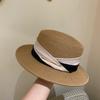 Women's summer beach straw hat beach shade sun protection color blocked flat top sun hat British versatile top hat