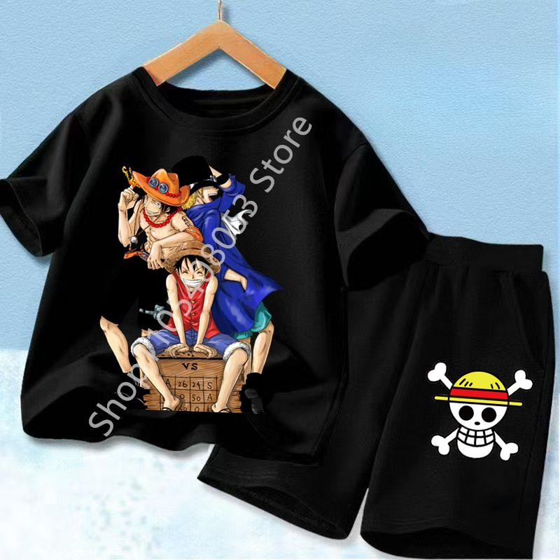 Ideal for Anime Fans, Comfortable and Fashionable Children's Clothing Cute One Piece Tony Tony Chopper Printed Kids T-Shirt Set