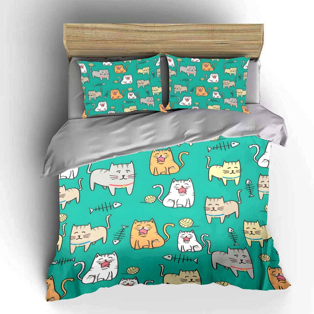 Cute Cartoon Cats Pattern Set Bedding Duvet Cover Set  (1*Duvet Cover 2*Pillowcases, without duvet insert)