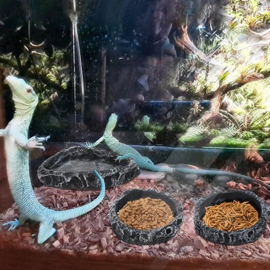 Reptile Feeding Dish Realistic Stone-Like Reptile Water Dish Food Bowl Terrarium Reptile Feeding Corner Bowl for Bearded Dragons Lizard Frog Gecko