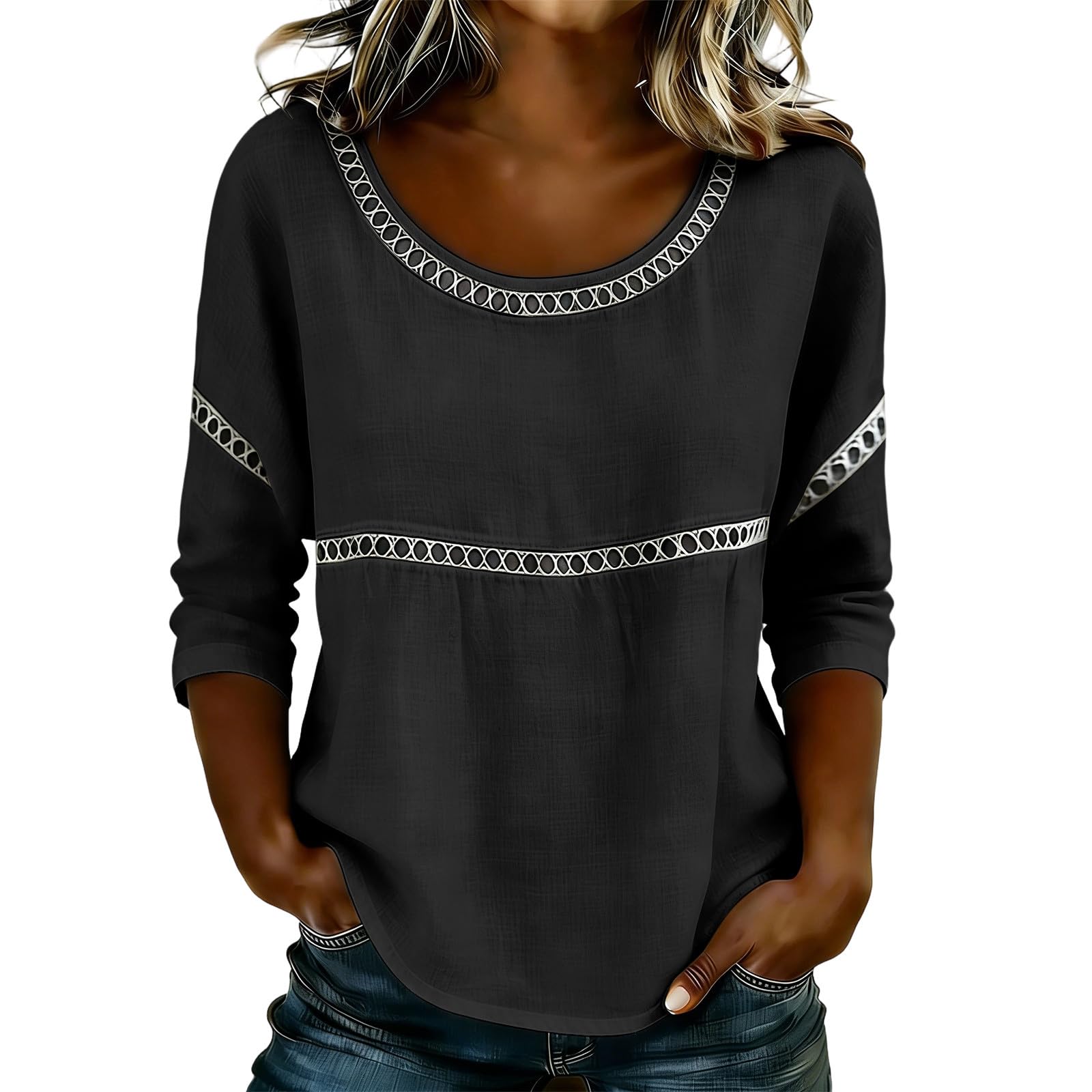 

Women s Fashionable Color Round Neck Seven Quarter Sleeved Cotton And Linen Top XXL чёрный