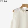 VONDA Women Summer Ruffled Neck Sleeveless Solid Color Casual Tank Tops