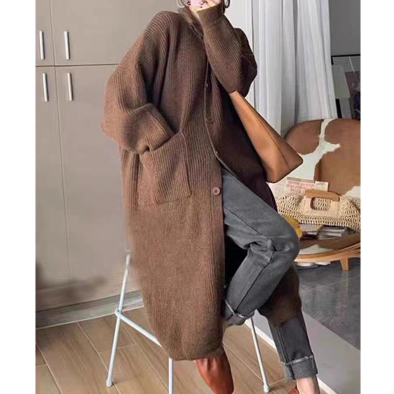 2026 Korean High Neck Women's Knit Cardigan - Solid Color, Single-Breasted, Long Sleeve, Mid-Length for Spring