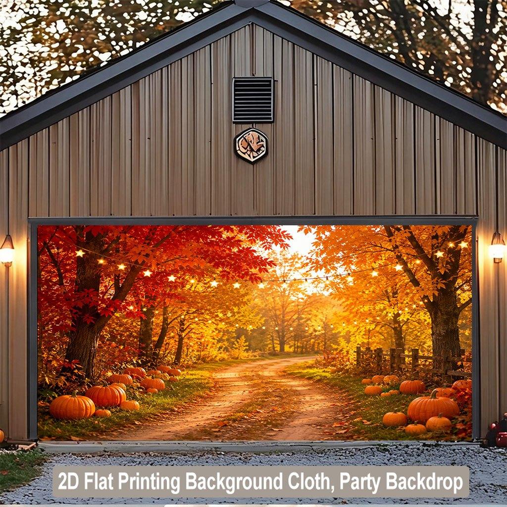 1 piece of 2D flat background fabric autumn forest path and pumpkin scenery background fabric wooden board wall.PMJ