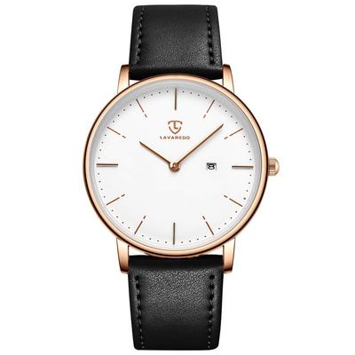 Armbanduhr, schlicht, stilvoll, dünn, lässig, Datumsanzeige, wasserdicht, analog, Quarzuhr, Lederarmband, weiß, schwarz [BEN NEVIS] Herren