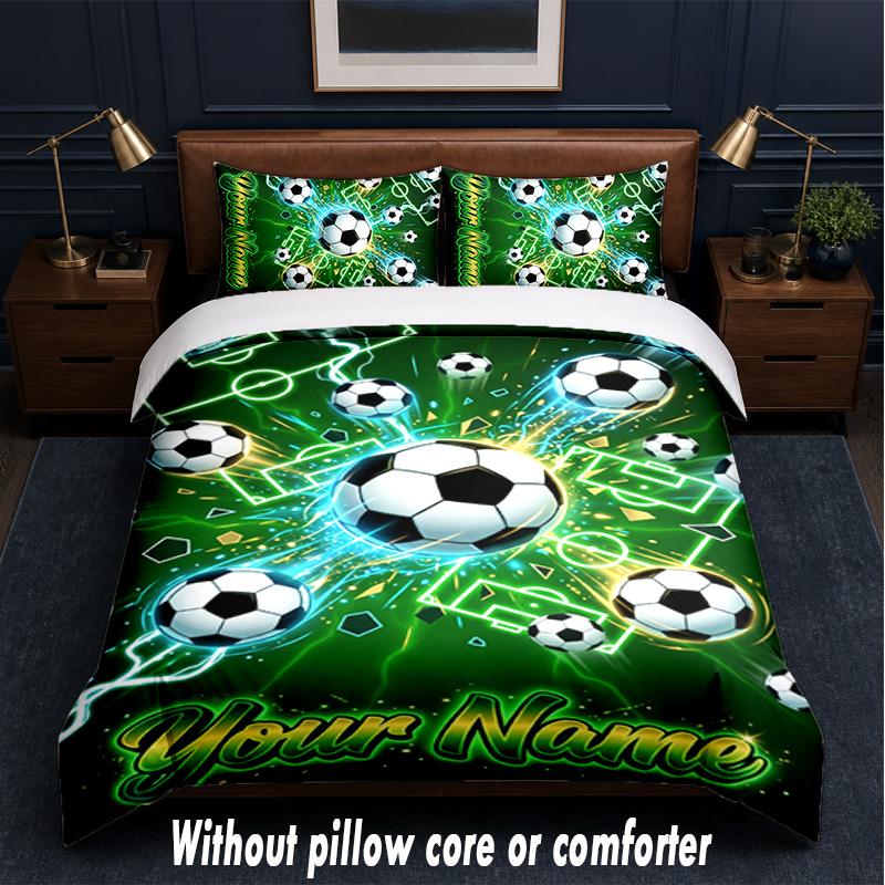 Soccer Theme Custom Text Or Name 3Pcs Bedding Set,1 Flat Sheet & 2 Pillowcases Personalized Home Bedding