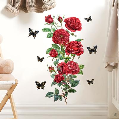 DIY Self-Adhesive Red Rose Wall Sticker for Living Room Bedroom Background Decoration Creative Mural Home Decor
