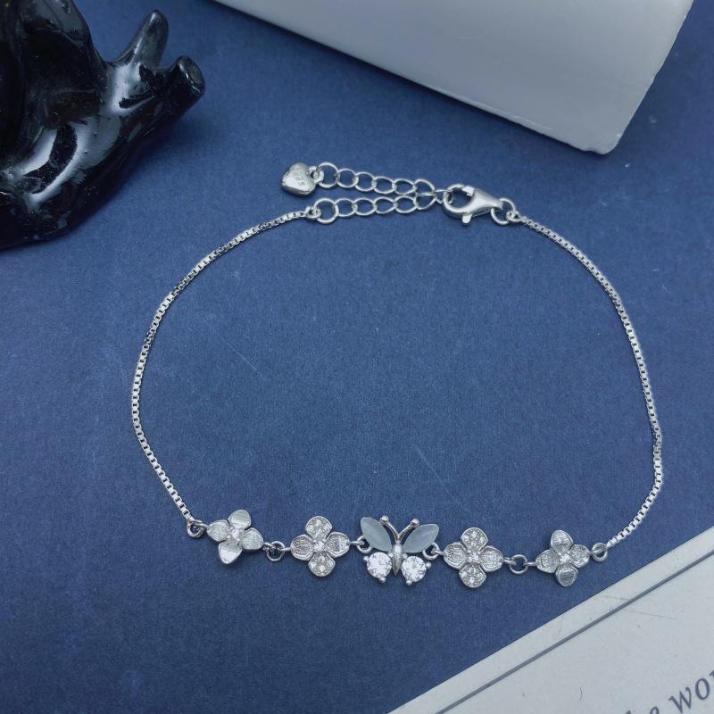 S925 Sterling Silver Flower & Butterfly Bracelet for Women, Personalized with Zircon, Simple & Versatile Design S925 Silver