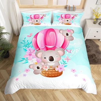 Cute Koala Duvet Cover Set Full Size,Pink Hot Air Balloon Bedding Set 3pcs for Kids Room Decor,Animals Polyester Quilt Cover