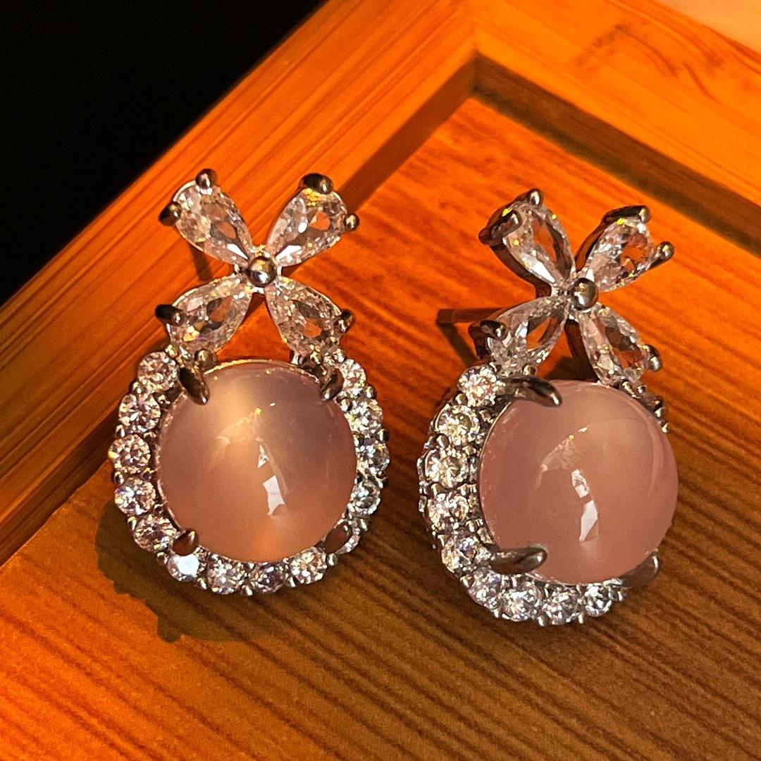 

Jadeite Pink Ice Light Natural Pink Chalcedony Earrings Agate Studs, Real Shot
